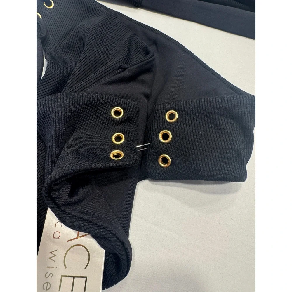 L*Space Bikini Set Ribbed Lace Up Side Grommet Small Black New With Tags NWD